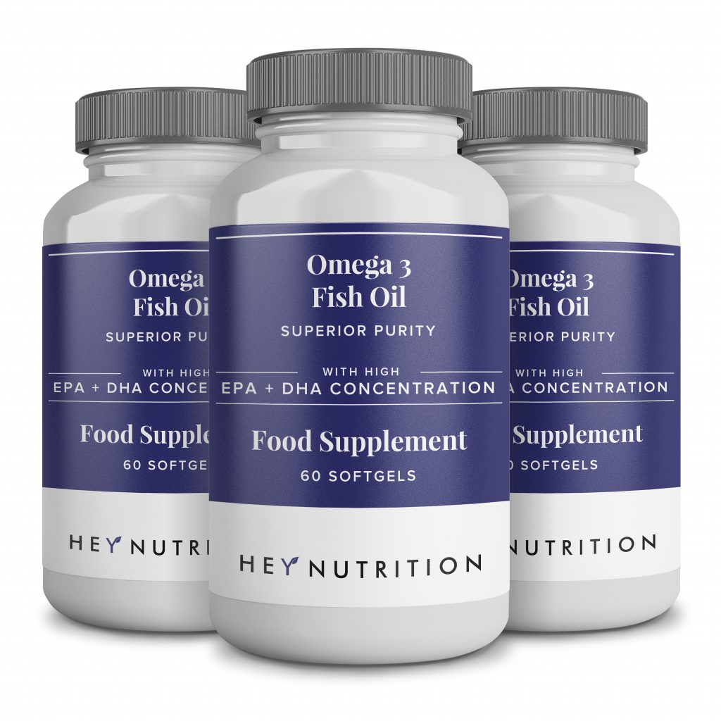 Three Hey Nutrition Omega 3 Fish Oil supplement bottles with navy labels.