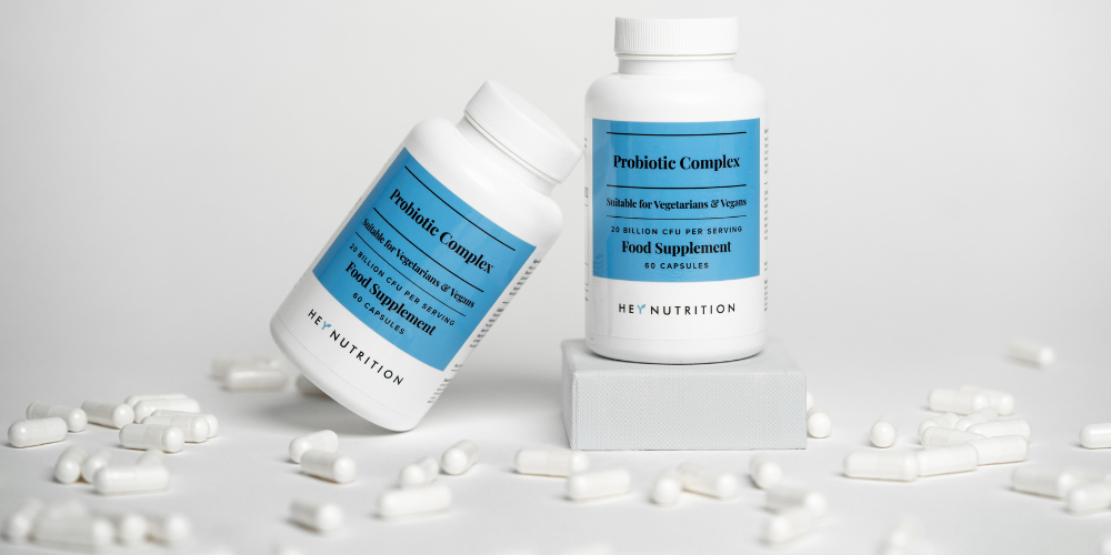 Hey Nutrition Probiotic Complex bottles with capsules.