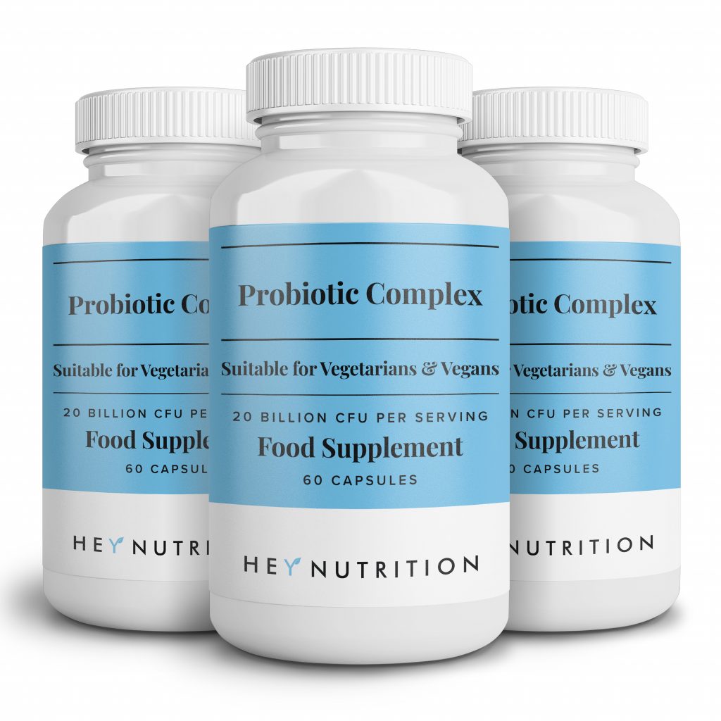 Three Hey Nutrition Probiotic Complex supplement bottles with aqua labels.