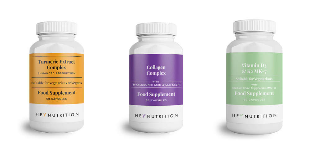 Three Hey Nutrition bottles: Turmeric Extract, Collagen Complex, and Vitamin D3 & K2 MK-7.